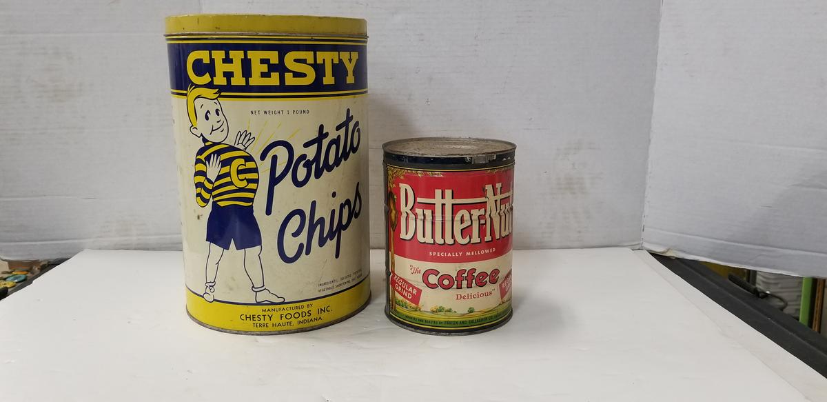 2LB. BUTTERNUT COFFEE CAN & CHESTY 1 LB.  POTATO CHIP TIN