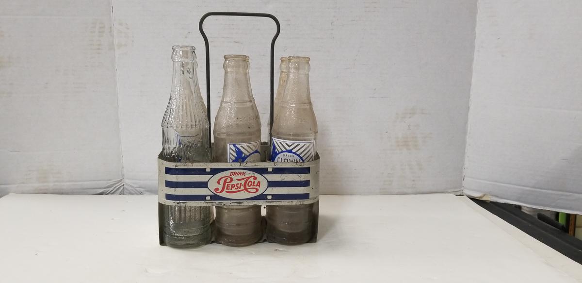 GALVANIZED 6 PACK PEPSI COLA CARRIER W/ CLOWN & DURANT BEVERAGE BOTTLES