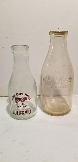 HICKORY HILLS QUART BUTTERMILK, & UNMARKED HALF GALLON MILK JARS