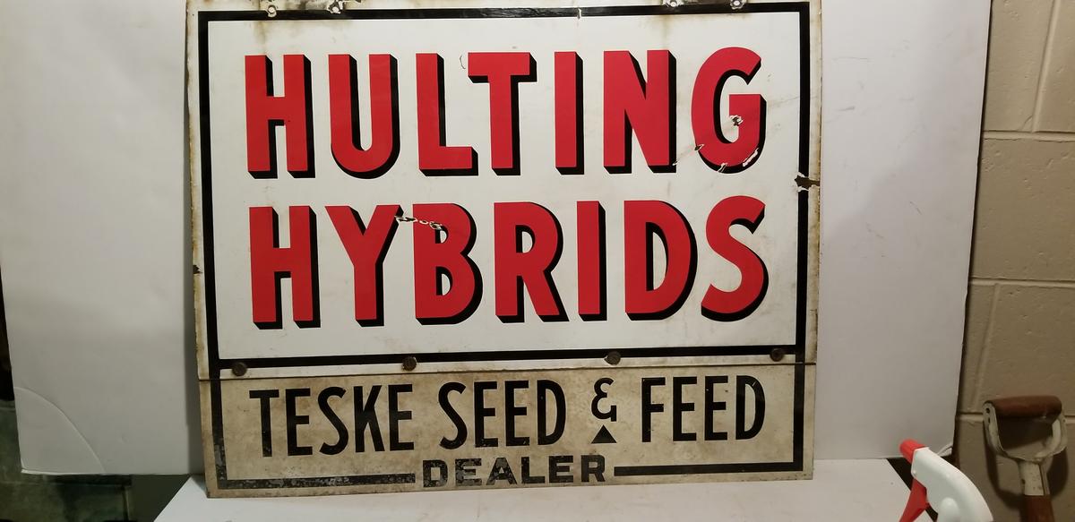 HULTING HYBRIDS DOUBLE SIDED PORCELAIN SIGN - TESKE SEED & FEED