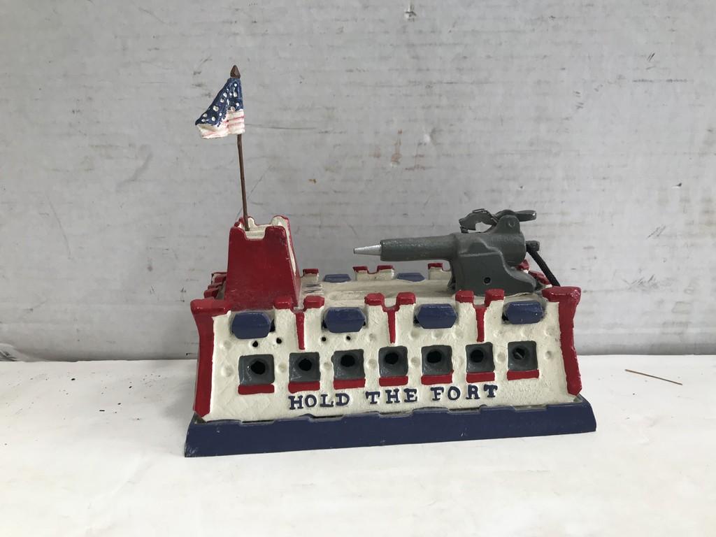 BITS & PIECES "HOLD THE FORT" CAST IRON MECHANICAL BANK