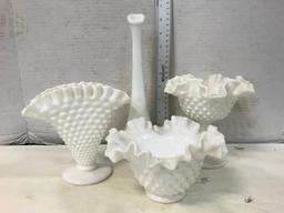 (4) HOBNAIL MILKGLASS VASES / DISHES