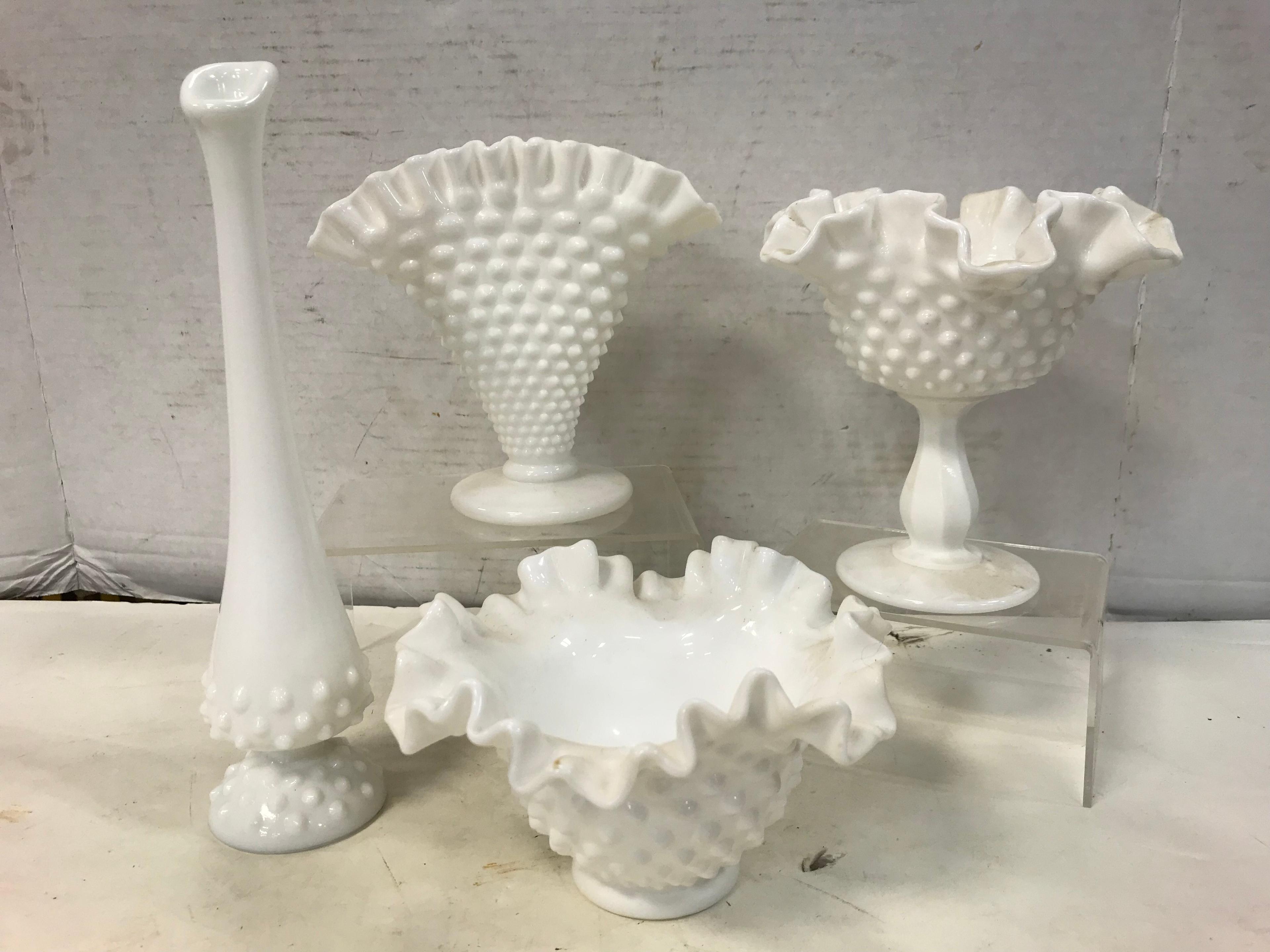 (4) HOBNAIL MILKGLASS VASES / DISHES