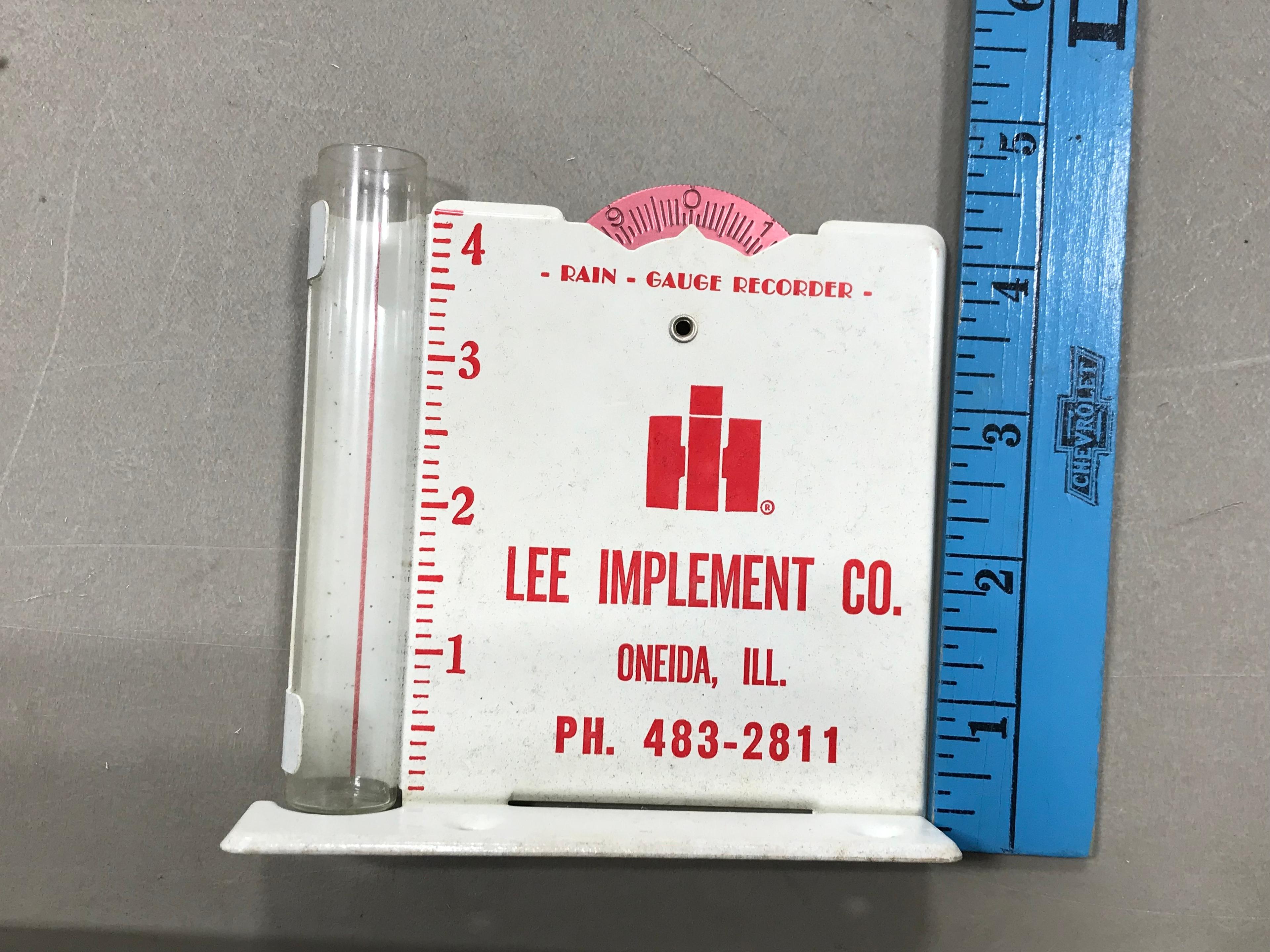 (2) ONEIDA ILLINOIS ADVERTISING RAIN GAUGES & TAPE MEASURE