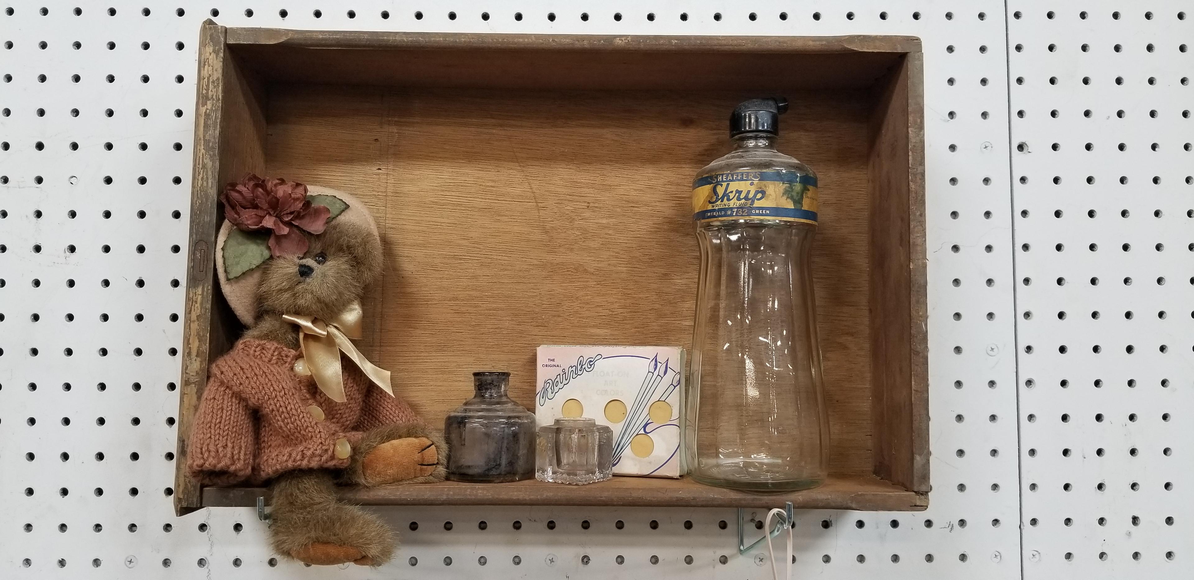 DRAWER W/ ANTIQUE BOTTLES AND BEAR