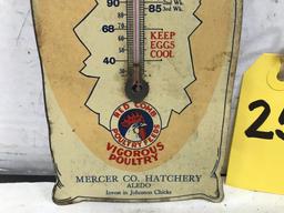 MERCER CO HATCHERY "RED COMB QUALITY EGGS" TIN THERMOMETER