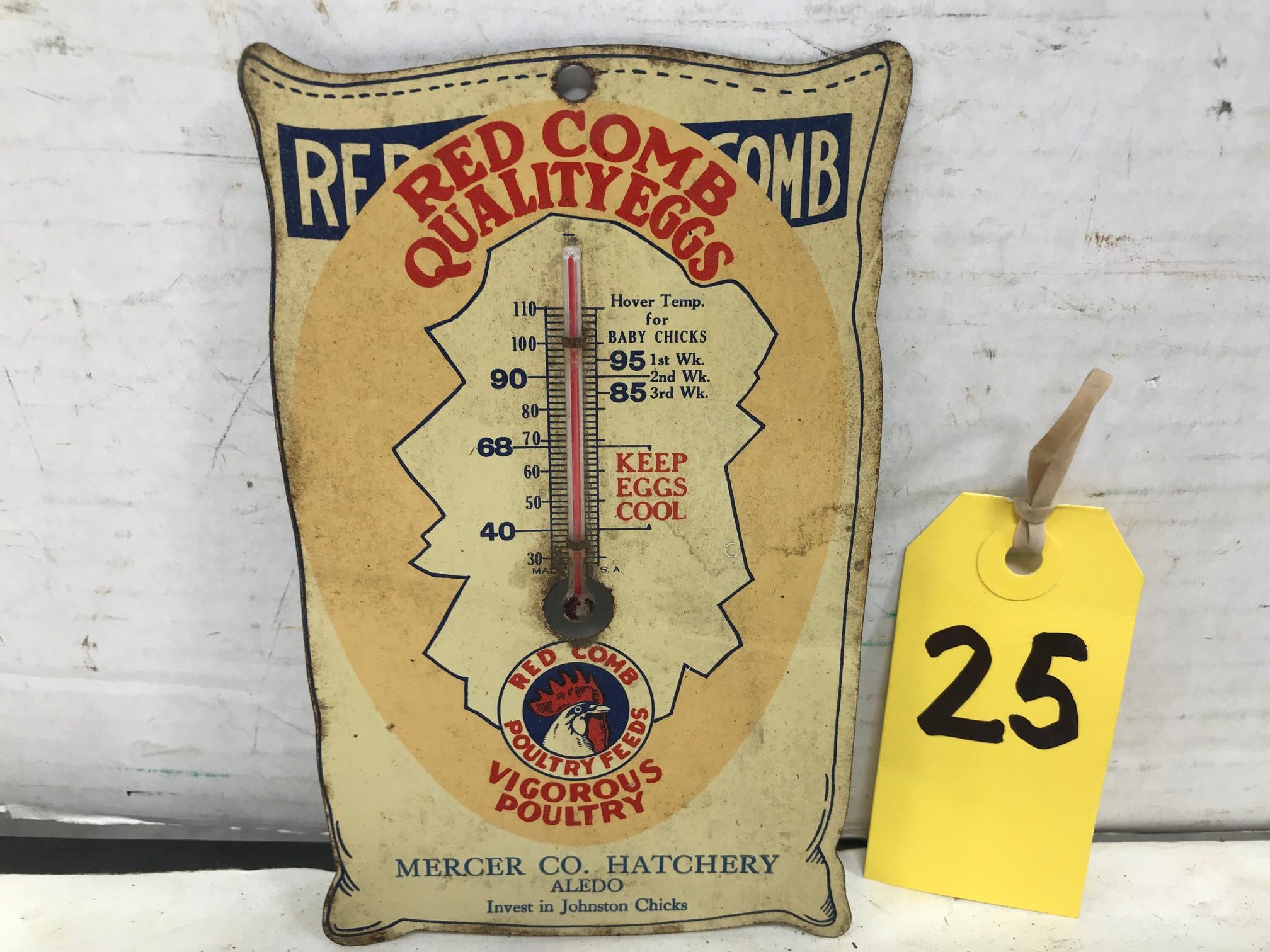 MERCER CO HATCHERY "RED COMB QUALITY EGGS" TIN THERMOMETER