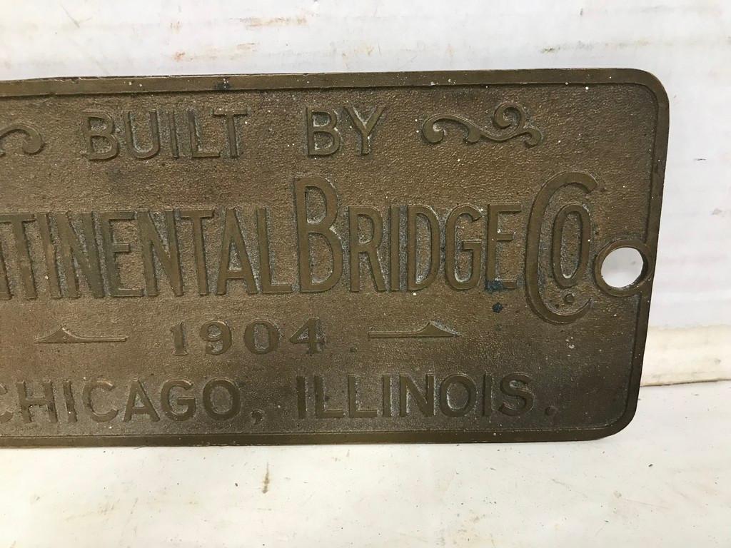 BRASS CONTINENTAL BRIDGE CO 1904 BRIDGE NAME PLATE