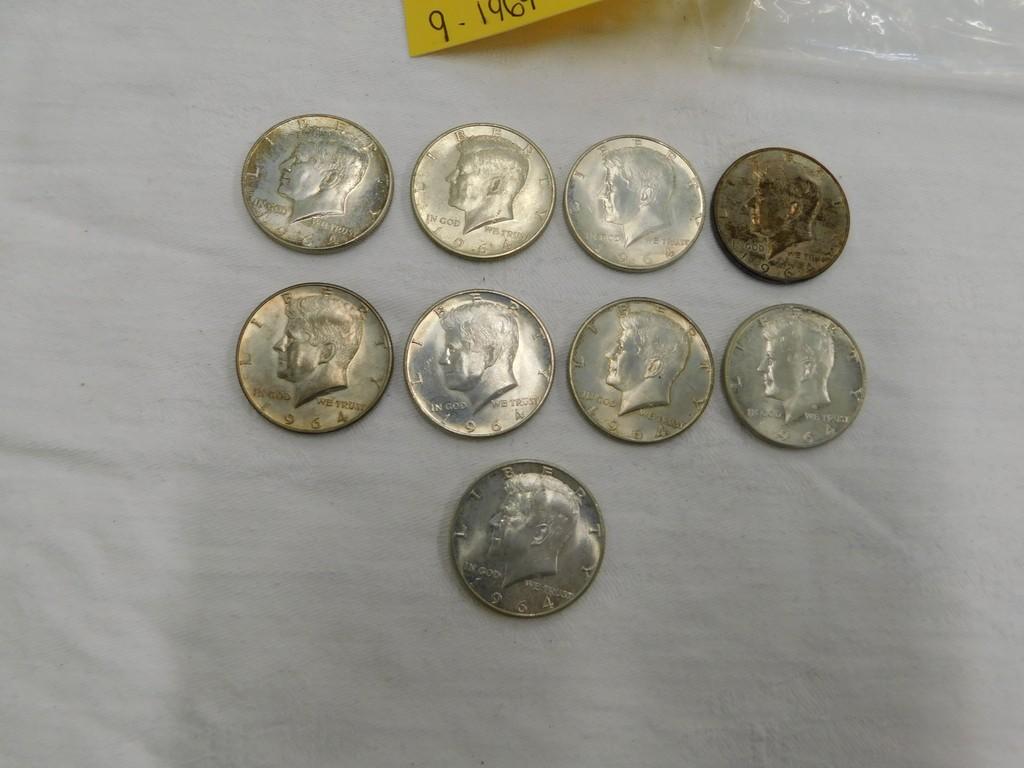 (9) 1964 KENNEDY SILVER HALVES