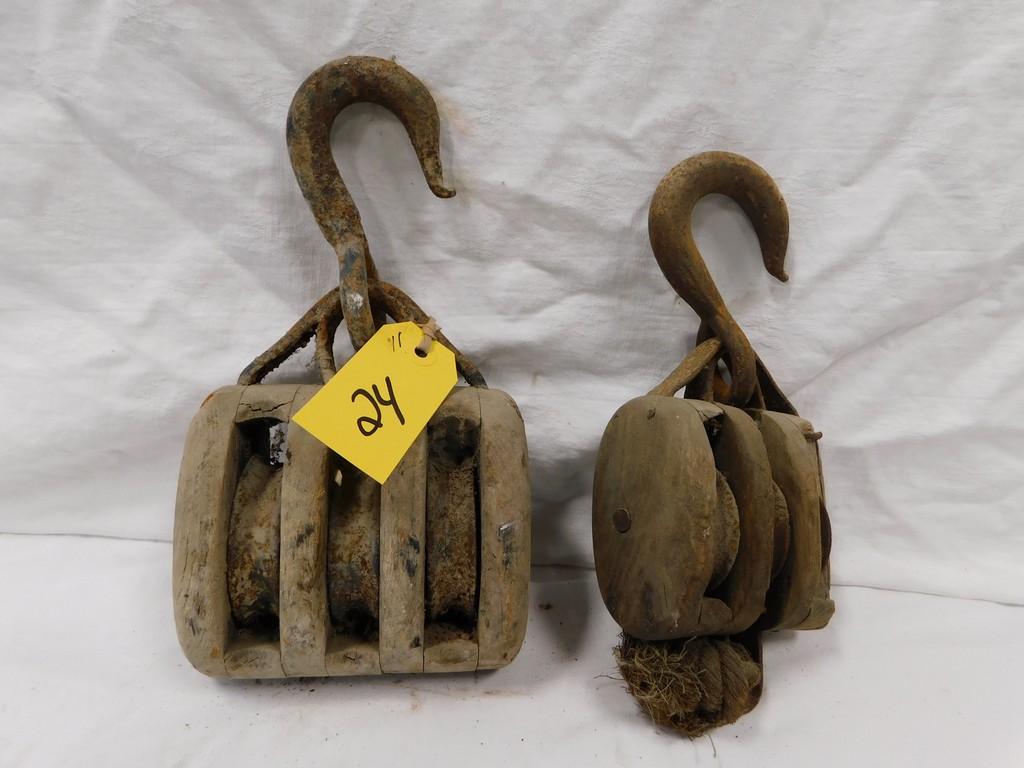 PAIR OF WOODEN BARN PULLEYS