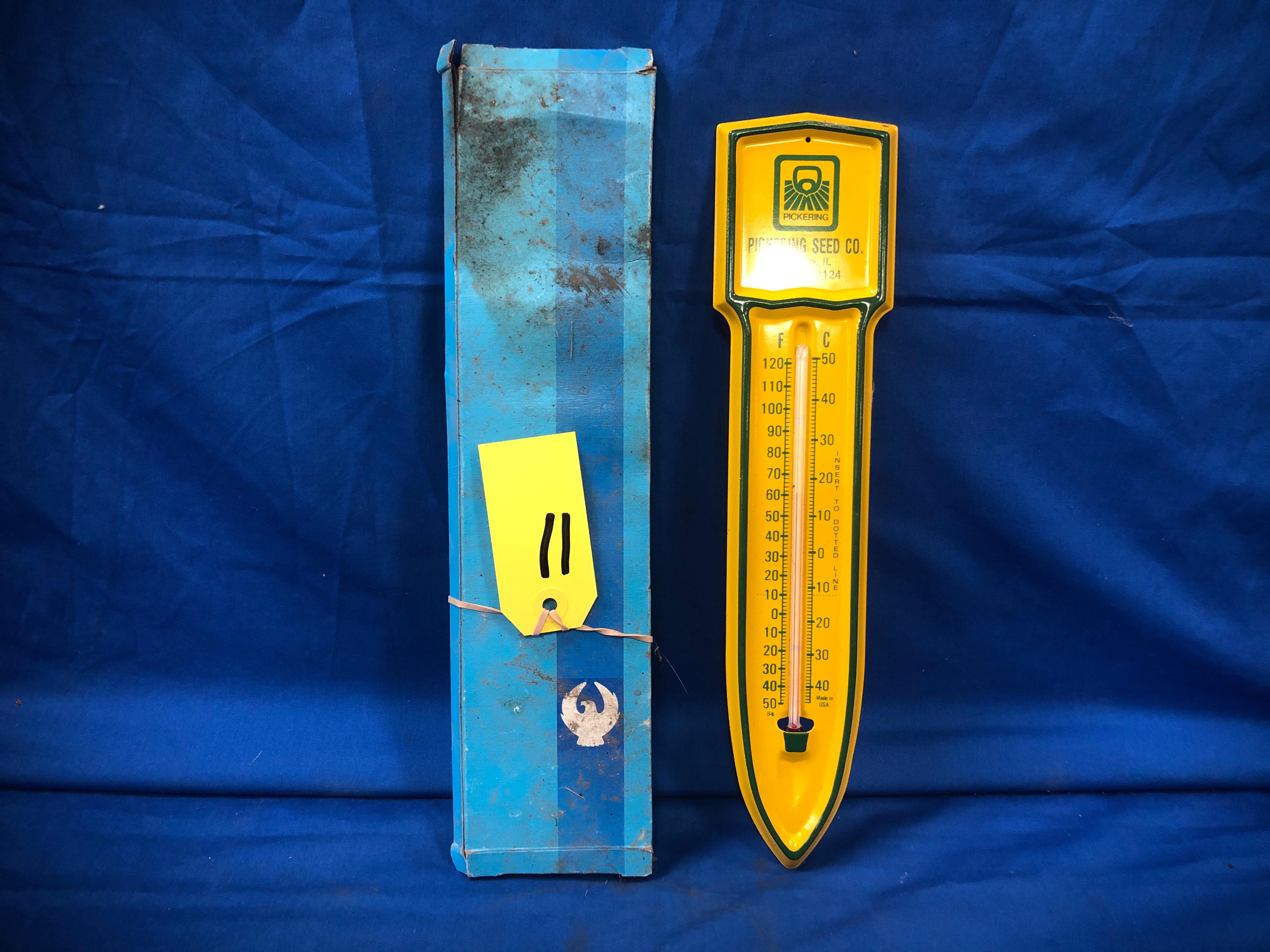 PICKERING SEED CO LINCOLN IL TIN THERMOMETER W/ BOX