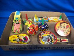 FLAT OF VINTAGE TIN NOISE MAKERS