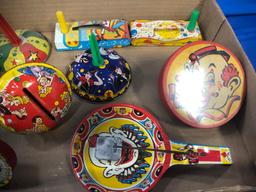 FLAT OF VINTAGE TIN NOISE MAKERS