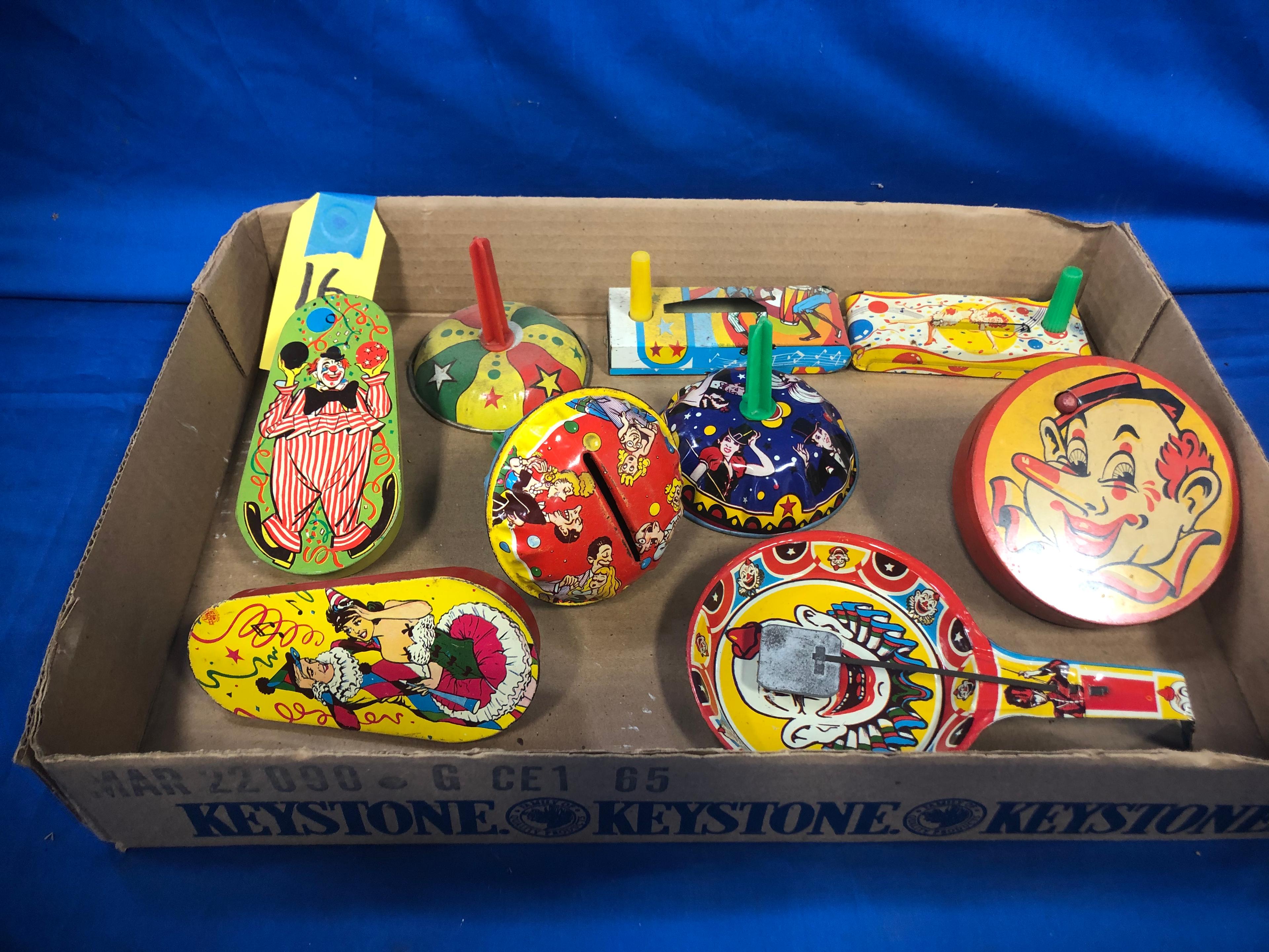 FLAT OF VINTAGE TIN NOISE MAKERS