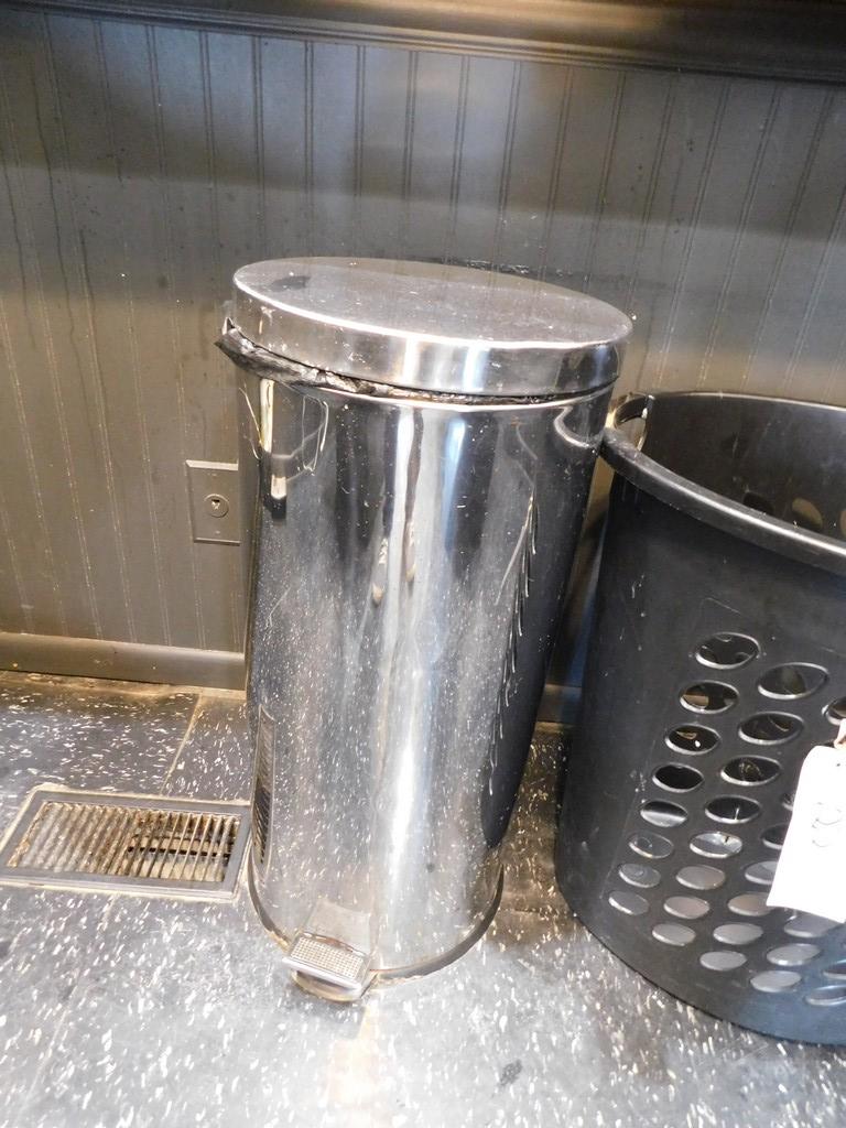 STAINLESS 26" ROUND TRASH CAN W/ PEDAL LID & PR OF HAMPERS