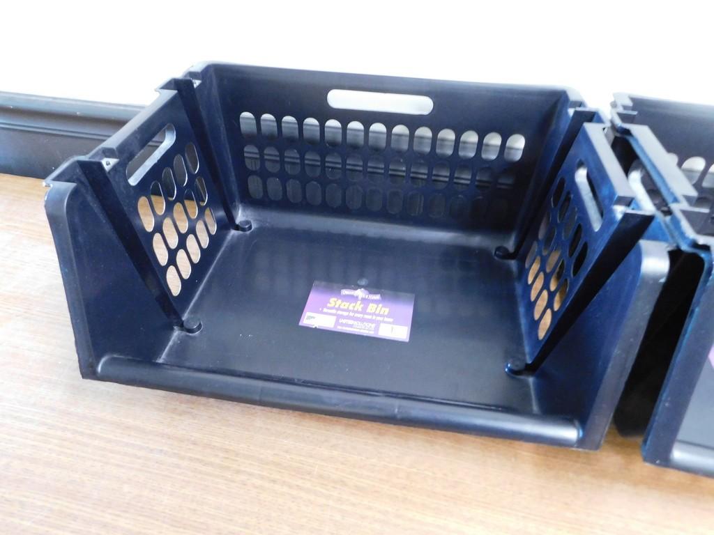 (7) BLACK PLASTIC STACKABLE STORAGE BINS