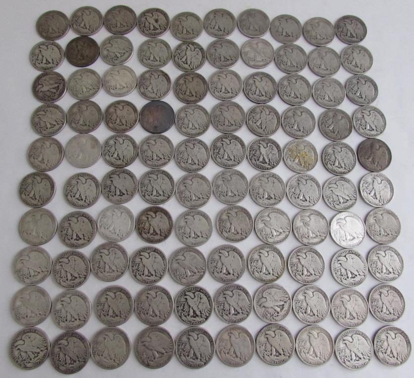 100 US SILVER WALKING LIBERTY HALF DOLLAR COINS