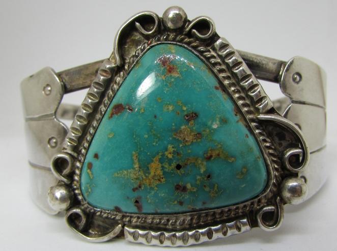 NAVAJO TURQUOISE BRACELET OLD PAWN COIN SILVER