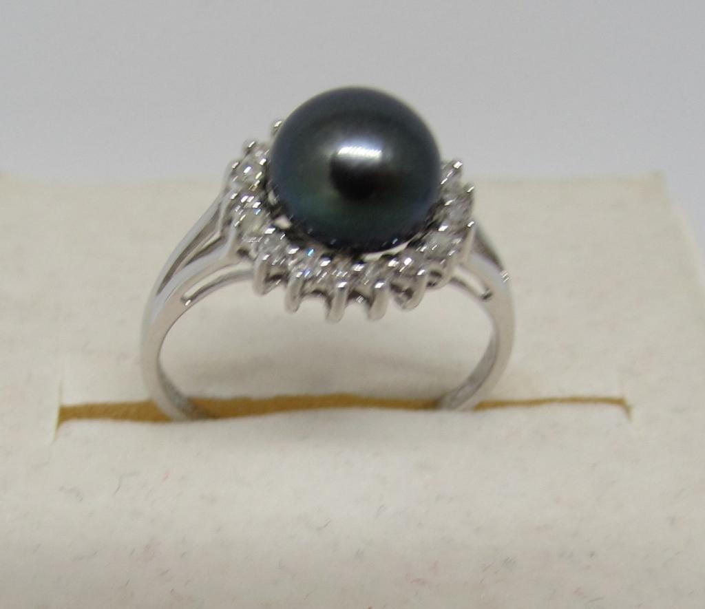 .40C DIAMOND 7MM BLACK PEARL RING 14K WHITE GOLD