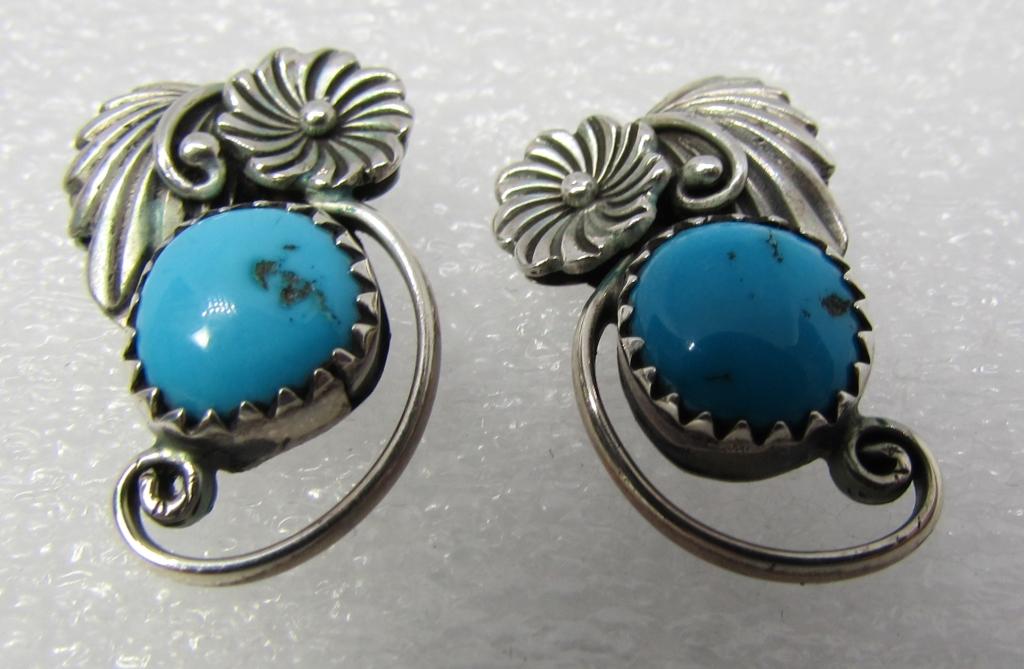 SIGN RB NAVAJO TURQUOISE EARRINGS STERLING SILVER