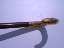 GOLD TOP PRESENTATION CANE WOOD HOOK REPOUSSE