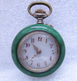 GREEN ENAMEL POCKET WATCH LEVER SET GUILLOCHE