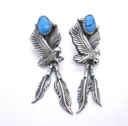 SIGNED "RB STERLING" TURQUOISE EARRINGS EAGLE