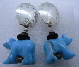 BIG TURQUOISE BEAR FETISH EARRINGS STERLING SILVER