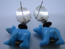 BIG TURQUOISE BEAR FETISH EARRINGS STERLING SILVER