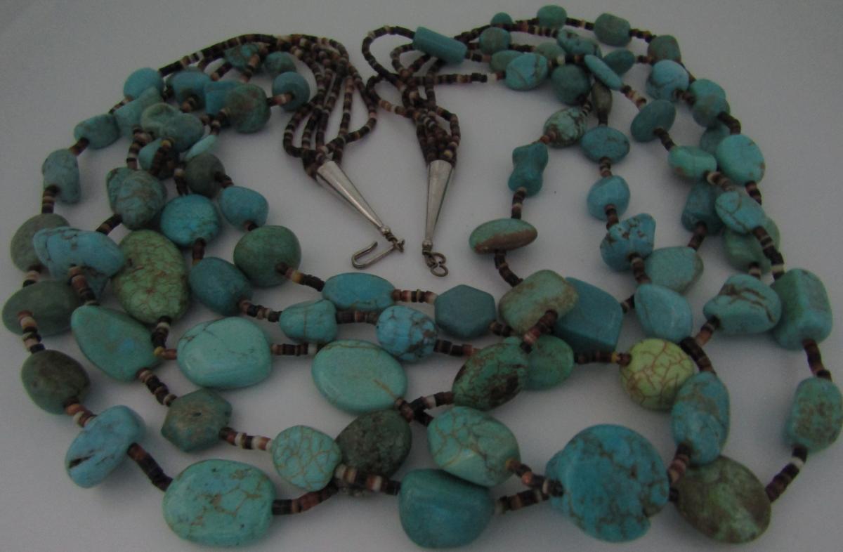 5 STRAND TURQUOISE NECKLACE STERLING SILVER HEISHI