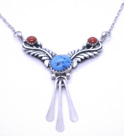 TURQUOISE & CORAL NECKLACE STERLING SILVER