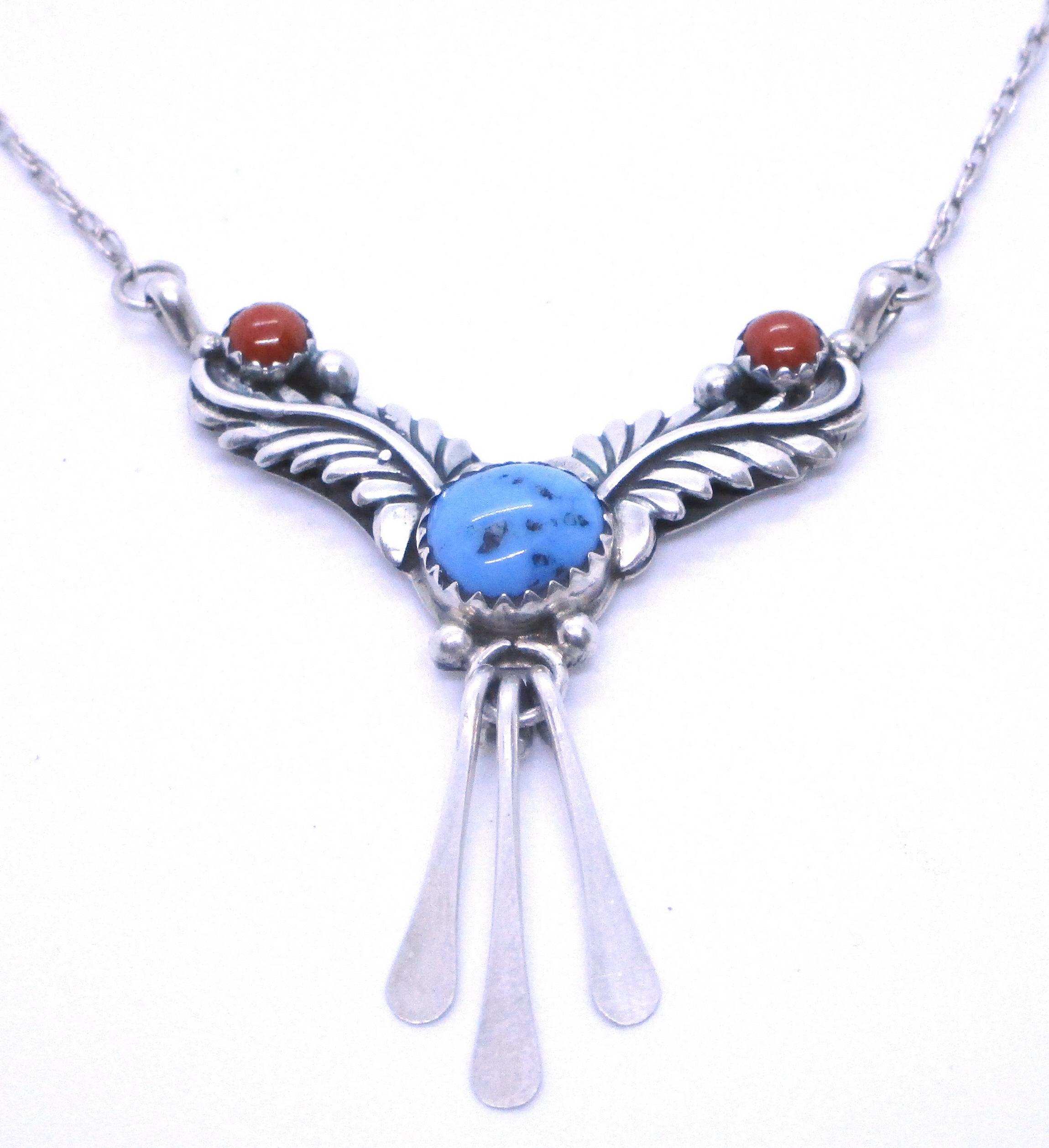 TURQUOISE & CORAL NECKLACE STERLING SILVER