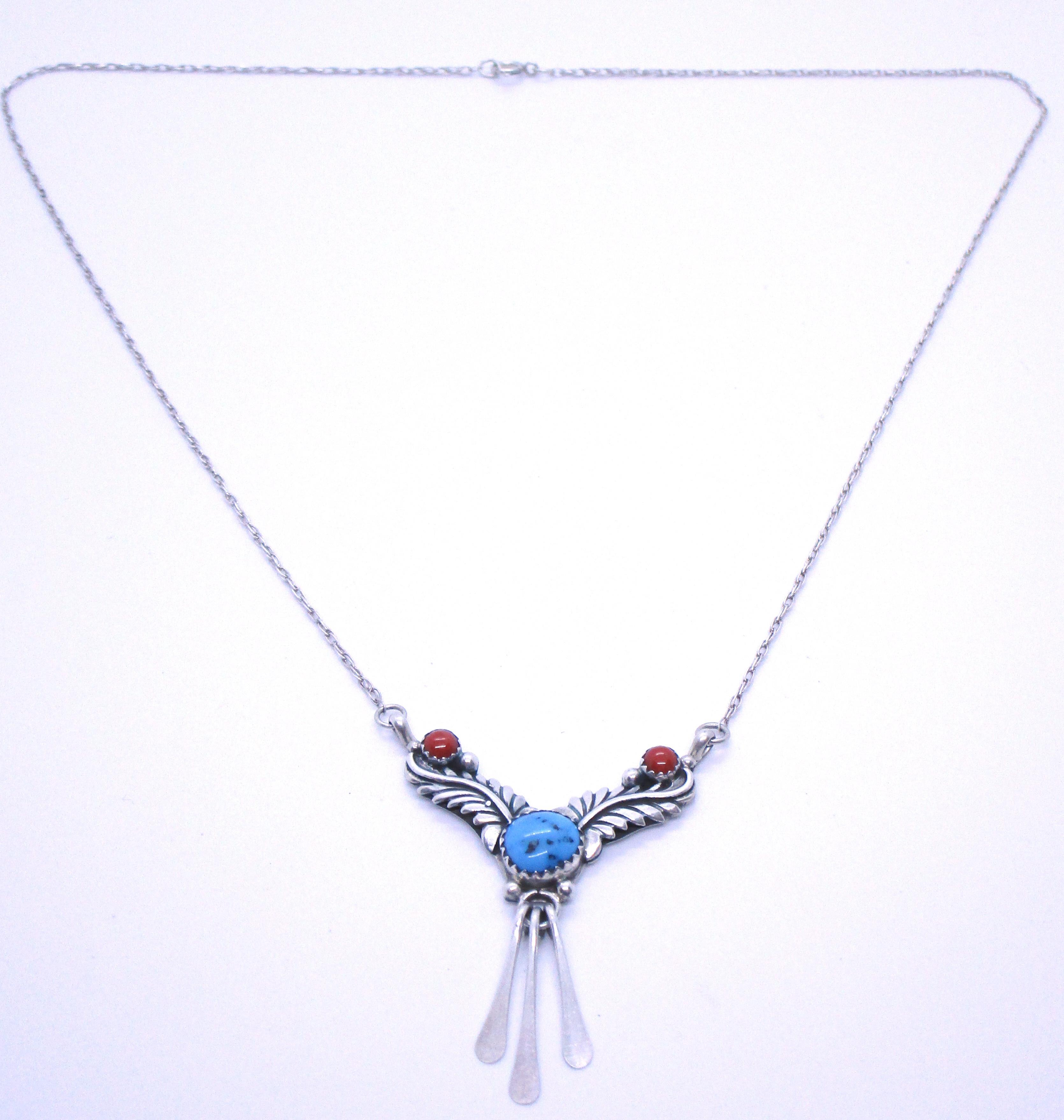TURQUOISE & CORAL NECKLACE STERLING SILVER