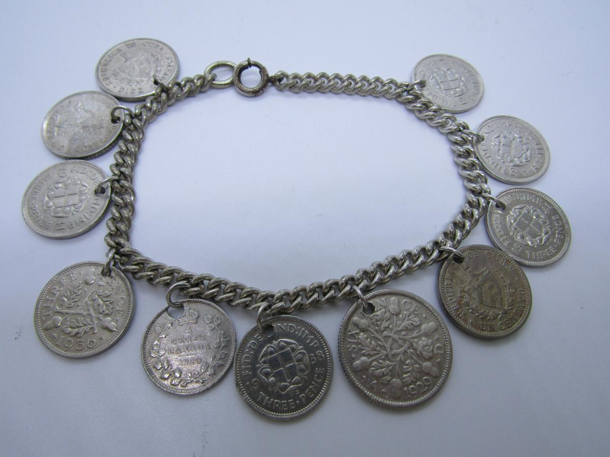 WORLDWIDE ASSORTED SILVER COIN BRACELET