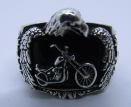 MOTORCYCLE RIDE HARD LIVE FREE RING STERLING SILVE