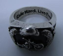 MOTORCYCLE RIDE HARD LIVE FREE RING STERLING SILVE