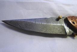 DAMASCUS POCKET KNIFE BULL HORN