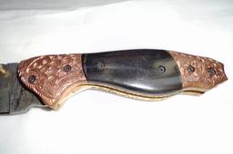 DAMASCUS POCKET KNIFE BULL HORN