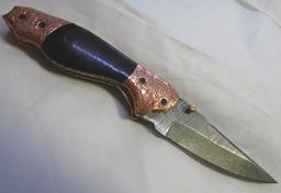 DAMASCUS POCKET KNIFE BULL HORN