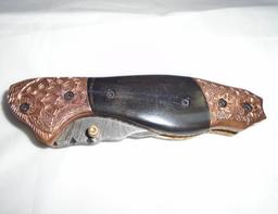 DAMASCUS POCKET KNIFE BULL HORN