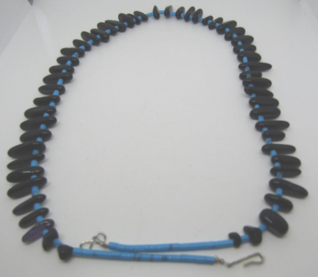 22" TURQUOISE BEAD NECKLACE JET ONYX AMETHYST