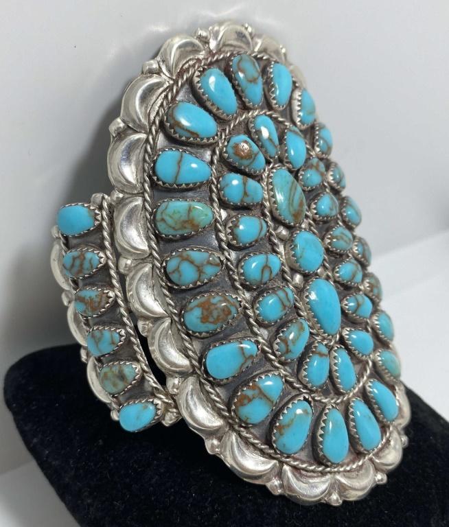 SIGNED DLW 3.75" STERLING TURQUOISE CLUSTER CUFF