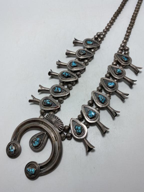 1960S STERLING TURQUOISE SQUASH BLOSSOM NECKLACE