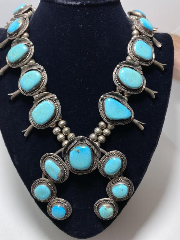 LARGE STERLING TURQUOISE SQUASH BLOSSOM NECKLACE