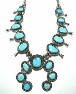 LARGE STERLING TURQUOISE SQUASH BLOSSOM NECKLACE