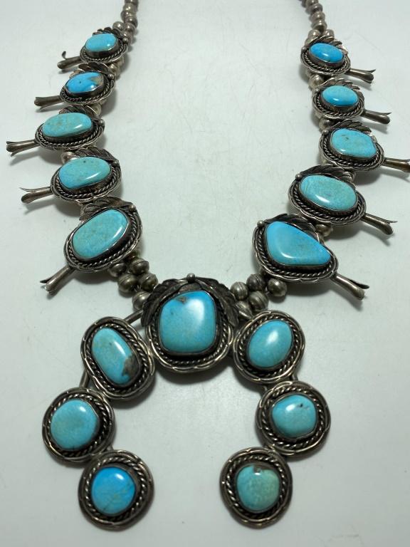 LARGE STERLING TURQUOISE SQUASH BLOSSOM NECKLACE