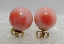 10MM CORAL BEAD EARRINGS 14K YELLOW GOLD