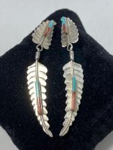 2.75" STERLING NAVAJO TURQUOISE FEATHER EARRINGS
