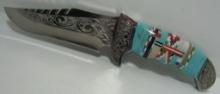TURQUOISE & ENGRAVED HUNTING KNIFE WITH SHEATH