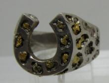 GOLD NUGGET & STERLING SILVER HORSESHOE RING